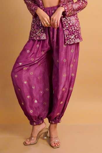 Buy RAYASHA KHAN Purple Net, Silk Open Neck, Bandeau Veya Embroidered Jacket Balloon Pant Set Online at Aza Fashions Buy_RAYASHA KHAN_Purple Net, Silk Open Neck, Bandeau Veya Embroidered Jacket Balloon Pant Set _Online_at_Aza_Fashions