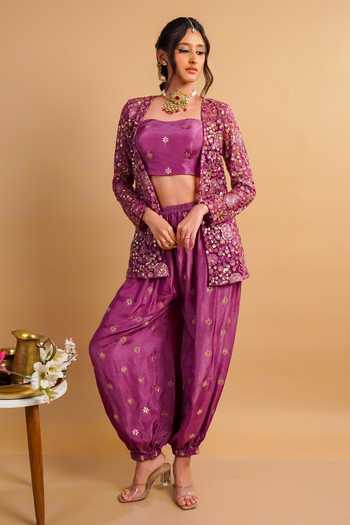 Shop RAYASHA KHAN Purple Net, Silk Open Neck, Bandeau Veya Embroidered Jacket Balloon Pant Set Online at Aza Fashions Shop_RAYASHA KHAN_Purple Net, Silk Open Neck, Bandeau Veya Embroidered Jacket Balloon Pant Set _Online_at_Aza_Fashions