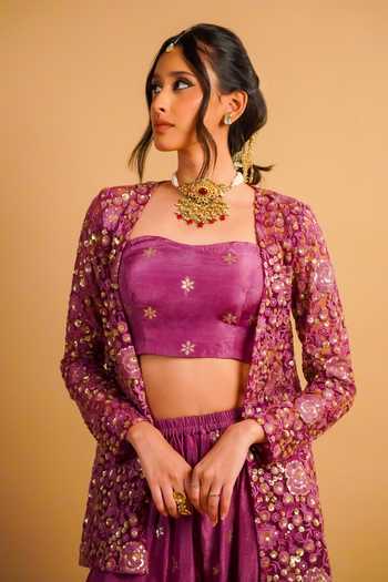 RAYASHA KHAN Purple Net, Silk Open Neck, Bandeau Veya Embroidered Jacket Balloon Pant Set at Aza Fashions RAYASHA KHAN_Purple Net, Silk Open Neck, Bandeau Veya Embroidered Jacket Balloon Pant Set _at_Aza_Fashions
