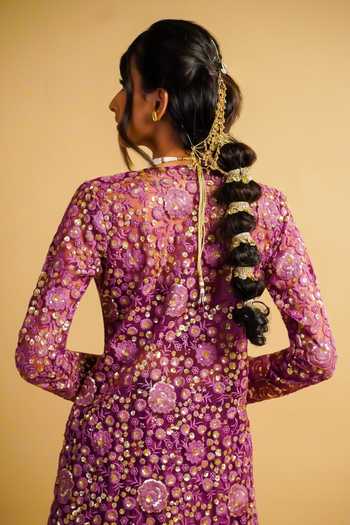 Buy RAYASHA KHAN Purple Net, Silk Open Neck, Bandeau Veya Embroidered Jacket Balloon Pant Set Buy_RAYASHA KHAN_Purple Net, Silk Open Neck, Bandeau Veya Embroidered Jacket Balloon Pant Set