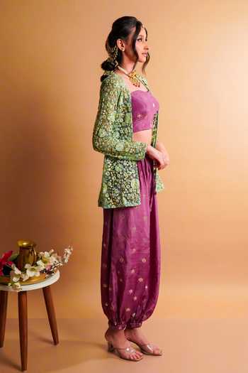 RAYASHA KHAN Green Net, Silk Bandeau Neck Lueur Embroidered Short Jacket Set Online at Aza Fashions RAYASHA KHAN_Green Net, Silk Bandeau Neck Lueur Embroidered Short Jacket Set _Online_at_Aza_Fashions