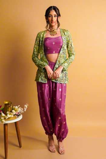 Shop RAYASHA KHAN Green Net, Silk Bandeau Neck Lueur Embroidered Short Jacket Set Online at Aza Fashions Shop_RAYASHA KHAN_Green Net, Silk Bandeau Neck Lueur Embroidered Short Jacket Set _Online_at_Aza_Fashions