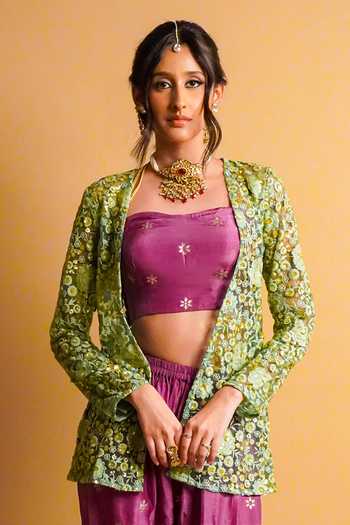 RAYASHA KHAN Green Net, Silk Bandeau Neck Lueur Embroidered Short Jacket Set at Aza Fashions RAYASHA KHAN_Green Net, Silk Bandeau Neck Lueur Embroidered Short Jacket Set _at_Aza_Fashions