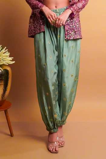 RAYASHA KHAN Purple Net, Silk Open Neck, Lueur Embroidered Short Jacket And Balloon Pant Set Online at Aza Fashions RAYASHA KHAN_Purple Net, Silk Open Neck, Lueur Embroidered Short Jacket And Balloon Pant Set _Online_at_Aza_Fashions