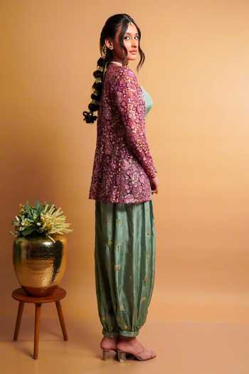 Buy RAYASHA KHAN Purple Net, Silk Open Neck, Lueur Embroidered Short Jacket And Balloon Pant Set Online at Aza Fashions Buy_RAYASHA KHAN_Purple Net, Silk Open Neck, Lueur Embroidered Short Jacket And Balloon Pant Set _Online_at_Aza_Fashions