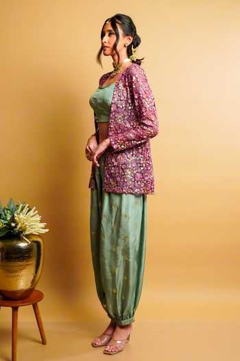 Shop RAYASHA KHAN Purple Net, Silk Open Neck, Lueur Embroidered Short Jacket And Balloon Pant Set Online at Aza Fashions Shop_RAYASHA KHAN_Purple Net, Silk Open Neck, Lueur Embroidered Short Jacket And Balloon Pant Set _Online_at_Aza_Fashions
