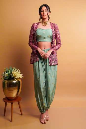 RAYASHA KHAN Purple Net, Silk Open Neck, Lueur Embroidered Short Jacket And Balloon Pant Set at Aza Fashions RAYASHA KHAN_Purple Net, Silk Open Neck, Lueur Embroidered Short Jacket And Balloon Pant Set _at_Aza_Fashions