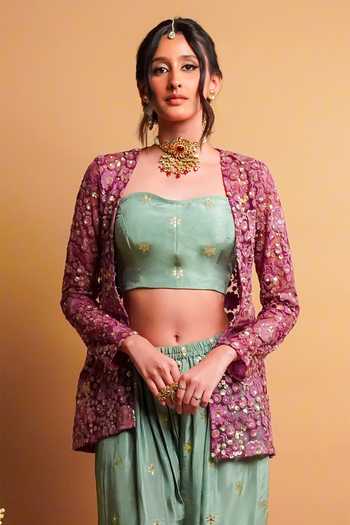 Buy RAYASHA KHAN Purple Net, Silk Open Neck, Lueur Embroidered Short Jacket And Balloon Pant Set Buy_RAYASHA KHAN_Purple Net, Silk Open Neck, Lueur Embroidered Short Jacket And Balloon Pant Set