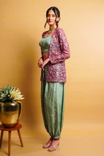 Shop RAYASHA KHAN Purple Net, Silk Open Neck, Lueur Embroidered Short Jacket And Balloon Pant Set Shop_RAYASHA KHAN_Purple Net, Silk Open Neck, Lueur Embroidered Short Jacket And Balloon Pant Set