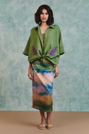 Saphed Green Linen Open Neck Moss Applique Breeze Shirt Online at Aza Fashions Saphed_Green Linen Open Neck Moss Applique Breeze Shirt _Online_at_Aza_Fashions
