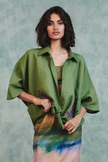 Saphed Moss Linen Applique Breeze Shirt 