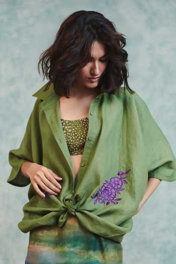 Buy Saphed Green Linen Open Neck Moss Applique Breeze Shirt Online at Aza Fashions Buy_Saphed_Green Linen Open Neck Moss Applique Breeze Shirt _Online_at_Aza_Fashions