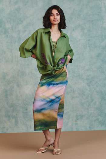 Shop Saphed Green Linen Open Neck Moss Applique Breeze Shirt Online at Aza Fashions Shop_Saphed_Green Linen Open Neck Moss Applique Breeze Shirt _Online_at_Aza_Fashions