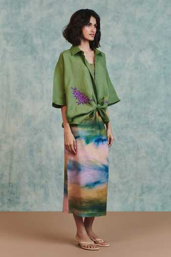Saphed Green Linen Open Neck Moss Applique Breeze Shirt at Aza Fashions Saphed_Green Linen Open Neck Moss Applique Breeze Shirt _at_Aza_Fashions
