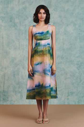 Buy Saphed Multi Color Cotton, Linen Scoop Neck Prism Panelled Dress Online at Aza Fashions Buy_Saphed_Multi Color Cotton, Linen Scoop Neck Prism Panelled Dress _Online_at_Aza_Fashions