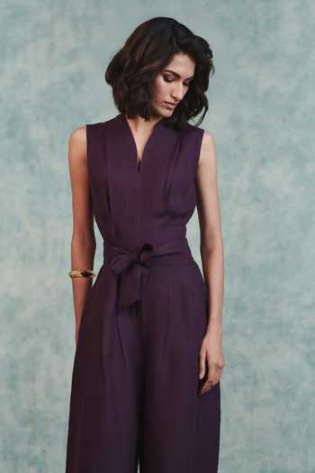 Shop Saphed Purple Linen V-neck Plum Sculpted Jumpsuit Online at Aza Fashions Shop_Saphed_Purple Linen V-neck Plum Sculpted Jumpsuit _Online_at_Aza_Fashions