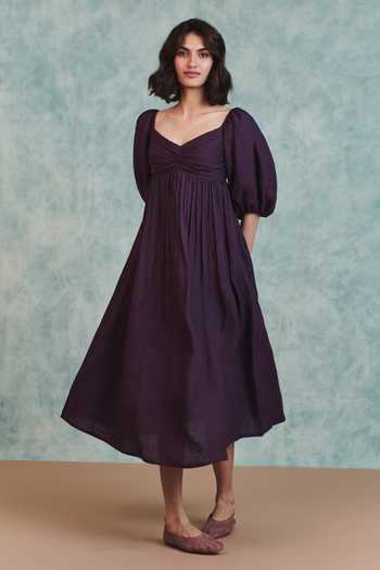Buy Saphed Purple Linen Sweetheart Neck Plum Front Twist Dress Buy_Saphed_Purple Linen Sweetheart Neck Plum Front Twist Dress