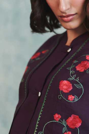 Saphed_Purple Linen Mandarin Collar Plum Double Panel Waistcoat _Online_at_Aza_Fashions