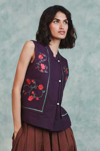 Shop_Saphed_Purple Linen Mandarin Collar Plum Double Panel Waistcoat _Online_at_Aza_Fashions
