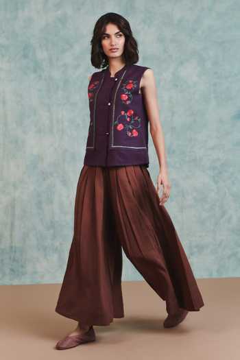 Saphed_Purple Linen Mandarin Collar Plum Double Panel Waistcoat _at_Aza_Fashions
