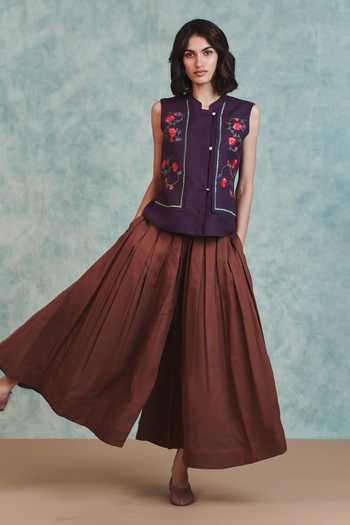 Buy_Saphed_Purple Linen Mandarin Collar Plum Double Panel Waistcoat 