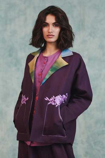 Shop_Saphed_Purple Linen Open Neck Embroidered Jacket _Online_at_Aza_Fashions