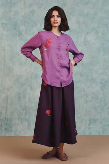 Shop Saphed Purple Linen Embroidery Plum Flared Skirt Online at Aza Fashions Shop_Saphed_Purple Linen Embroidery Plum Flared Skirt _Online_at_Aza_Fashions