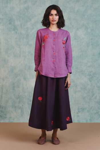 Saphed Purple Linen Embroidery Plum Flared Skirt at Aza Fashions Saphed_Purple Linen Embroidery Plum Flared Skirt _at_Aza_Fashions