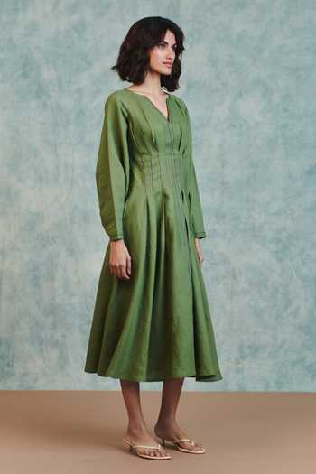Shop Saphed Green Linen Split V-neck Moss Pleated Waist Dress Online at Aza Fashions Shop_Saphed_Green Linen Split V-neck Moss Pleated Waist Dress _Online_at_Aza_Fashions