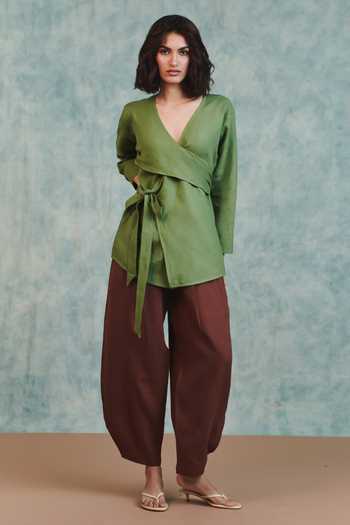 Saphed Green Linen V-neck Moss Wrap Top Online at Aza Fashions Saphed_Green Linen V-neck Moss Wrap Top _Online_at_Aza_Fashions