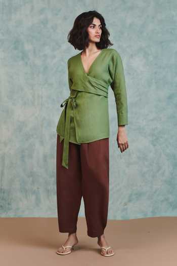 Shop Saphed Green Linen V-neck Moss Wrap Top Online at Aza Fashions Shop_Saphed_Green Linen V-neck Moss Wrap Top _Online_at_Aza_Fashions