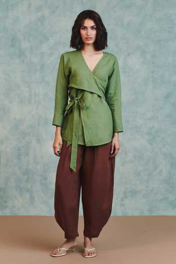 Saphed Green Linen V-neck Moss Wrap Top at Aza Fashions Saphed_Green Linen V-neck Moss Wrap Top _at_Aza_Fashions