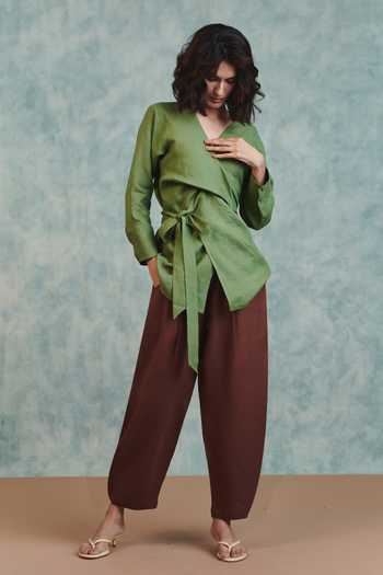 Buy Saphed Green Linen V-neck Moss Wrap Top Buy_Saphed_Green Linen V-neck Moss Wrap Top