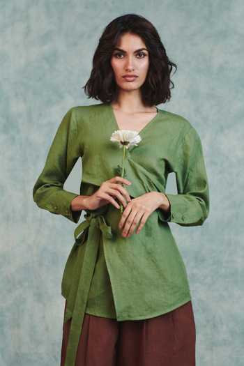 Saphed Moss Linen Wrap Top 