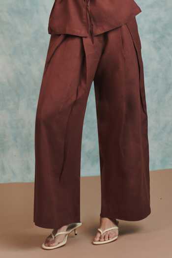 Saphed Brown Linen V-neck Chocolate Drawstring Shirt And Pant Set Online at Aza Fashions Saphed_Brown Linen V-neck Chocolate Drawstring Shirt And Pant Set _Online_at_Aza_Fashions
