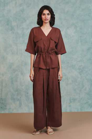 Shop Saphed Brown Linen V-neck Chocolate Drawstring Shirt Online at Aza Fashions Shop_Saphed_Brown Linen V-neck Chocolate Drawstring Shirt _Online_at_Aza_Fashions
