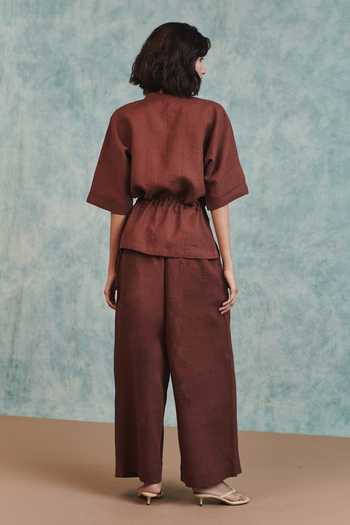 Saphed Chocolate Linen Drawstring Shirt 