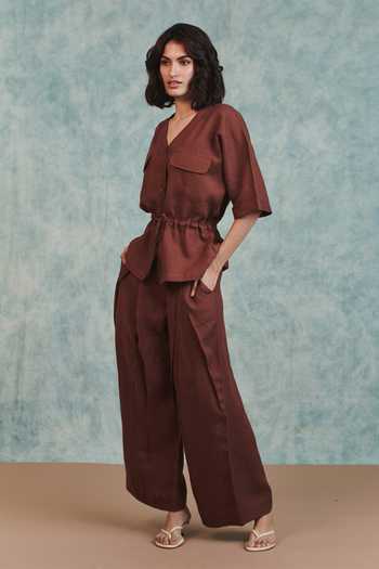 Saphed Brown Linen V-neck Chocolate Drawstring Shirt at Aza Fashions Saphed_Brown Linen V-neck Chocolate Drawstring Shirt _at_Aza_Fashions