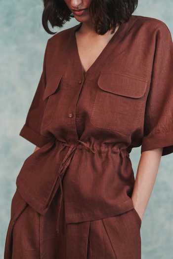Buy Saphed Brown Linen V-neck Chocolate Drawstring Shirt Buy_Saphed_Brown Linen V-neck Chocolate Drawstring Shirt
