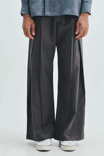 Saphed_Grey Cotton, Linen Pebble Overfold Trouser _Online_at_Aza_Fashions