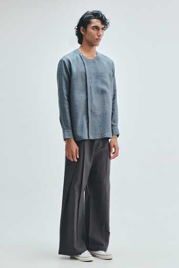 Buy_Saphed_Grey Cotton, Linen Pebble Overfold Trouser _Online_at_Aza_Fashions