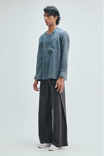 Shop_Saphed_Grey Cotton, Linen Pebble Overfold Trouser _Online_at_Aza_Fashions