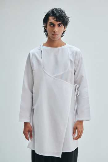 Shop Saphed White Cotton, Linen Taj Angrakha Kurta Online at Aza Fashions Shop_Saphed_White Cotton, Linen Taj Angrakha Kurta _Online_at_Aza_Fashions
