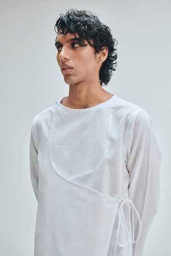 Shop Saphed White Cotton, Linen Taj Angrakha Kurta Shop_Saphed_White Cotton, Linen Taj Angrakha Kurta