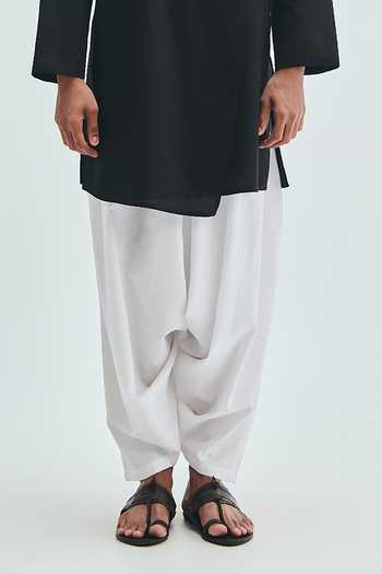 Buy_Saphed_White Cotton, Linen Taj Dhoti Draped Pant 