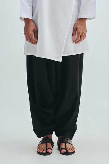 Shop_Saphed_Black Cotton, Linen Kohl Dhoti Draped Pant _Online_at_Aza_Fashions
