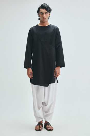Shop Saphed Black Cotton, Linen Kohl Angrakha Kurta Online at Aza Fashions Shop_Saphed_Black Cotton, Linen Kohl Angrakha Kurta _Online_at_Aza_Fashions