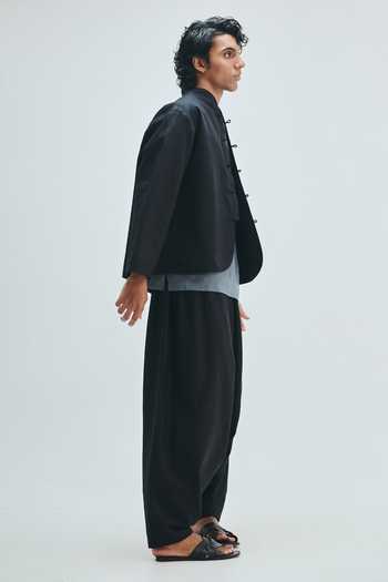 Saphed_Black Cotton, Linen Kohl Mandarin Collar Jacket _Online_at_Aza_Fashions