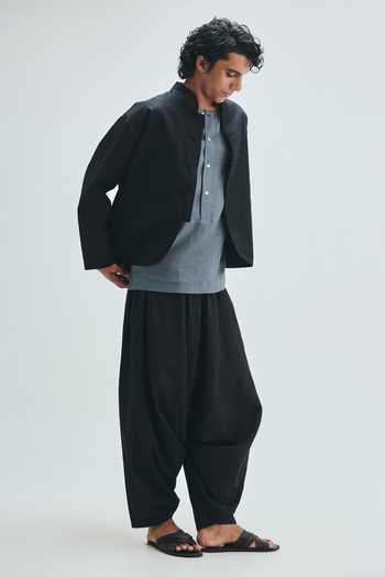 Buy_Saphed_Black Cotton, Linen Kohl Mandarin Collar Jacket _Online_at_Aza_Fashions