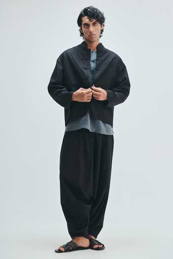 Shop_Saphed_Black Cotton, Linen Kohl Mandarin Collar Jacket _Online_at_Aza_Fashions